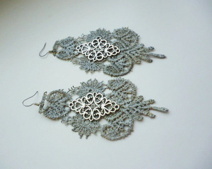 Large Gray Silver Filigree Lace Dangle Earrings Wedding Earrings Long Earrings Air Silver Statement Earrings Everyday jewelry Gift for her