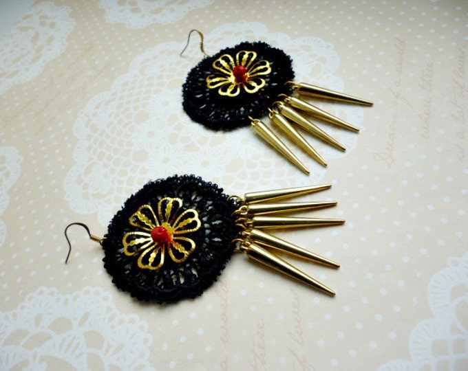 Baroque Thorns Red Black Earrings Earrings black lace Earrings red crystal Gold flowers long earrings Boho earrings gift black earrings