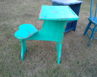 Kids desk, heart shaped seat- kids table- emerald green indigo blue distressed hand painted furniture