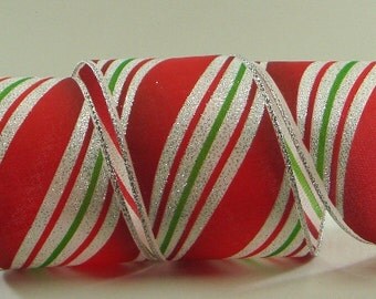 2,5 inch Wired Christmas Ribbon ~ Red & White Candy Cane Blend Christmas Ribbon ~ Green Striped Christmas Ribbon ~ 3 Yards