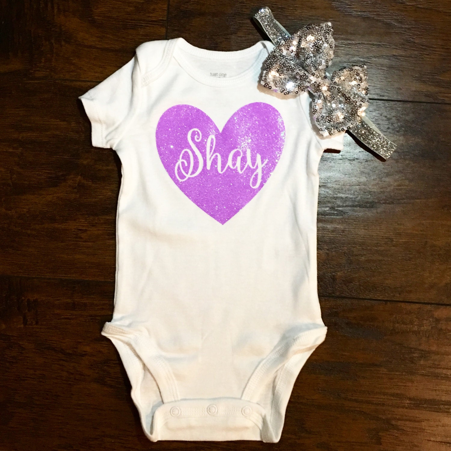 Heart with name onesie Glitter heart Baby girl bodysuit
