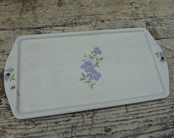 Vintage Enamel Tray Serving Platter blue Flowers Cream Enamelware Retro Kitchenalia