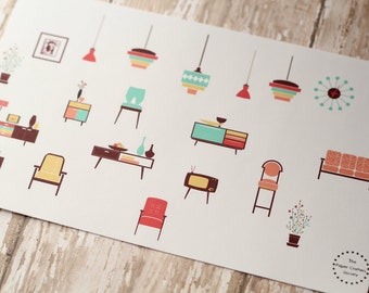 Vintage Retro Mid Century Furnitue Planner Agenda Stickers