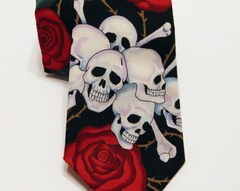 Skull Necktie, Skull Tie, Floral Necktie, Floral Tie, Black Skull Necktie, Black Skull Tie, Mens Necktie, Mens Tie, Gothic, Goth, Father, to