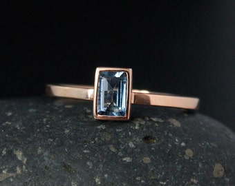Emerald Cut Rose Gold Aquamarine Ring - Blue Aquamarine - Santa Marie Blue