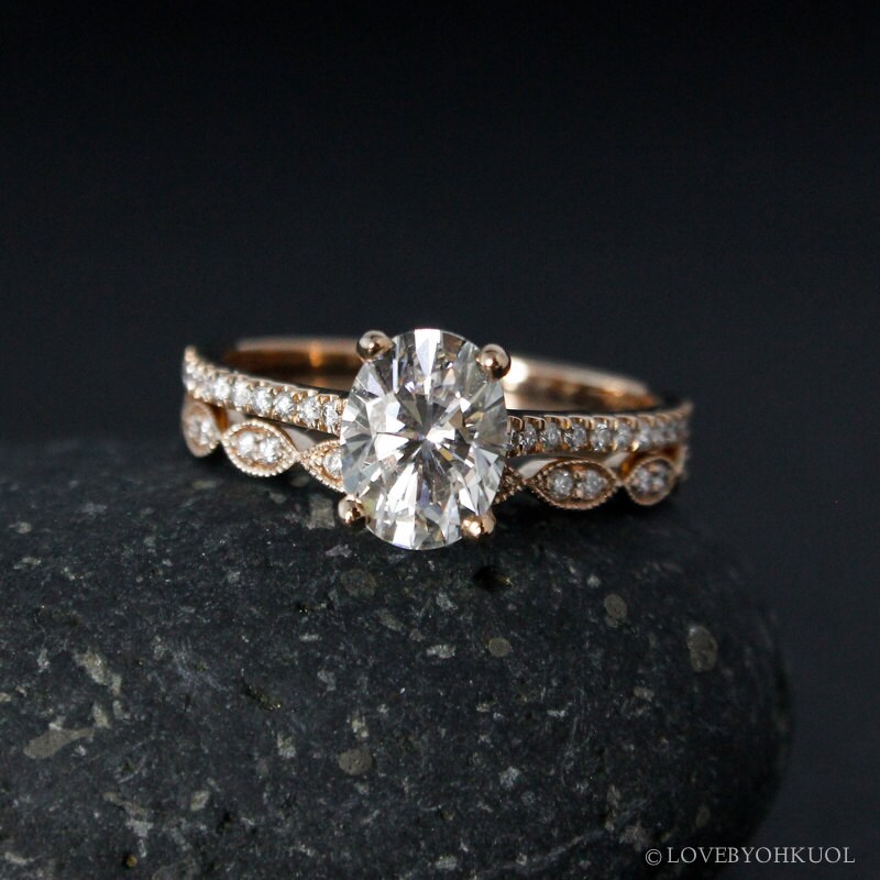 rose gold oval moissanite engagement ring milgrain wedding band set forever one colorless moissanite - Oval Wedding Ring rose gold oval moissanite engagement ring milgrain wedding band set forever one colorless moissanite - Oval Wedding Ring