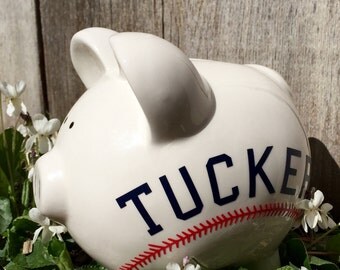 Monogrammed boys piggy bank, monogrammed baseball piggy bank, white piggy bank for boy