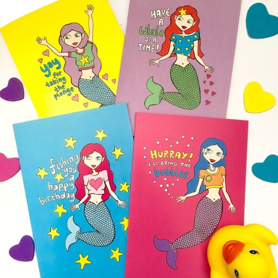 Items Similar To Mermaid Greetings Cards Set Of 4 Mermaid