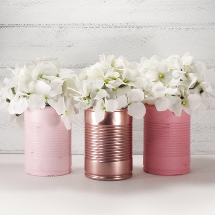 3 Hand Painted GLASS TIN CAN Flower VasesCountry