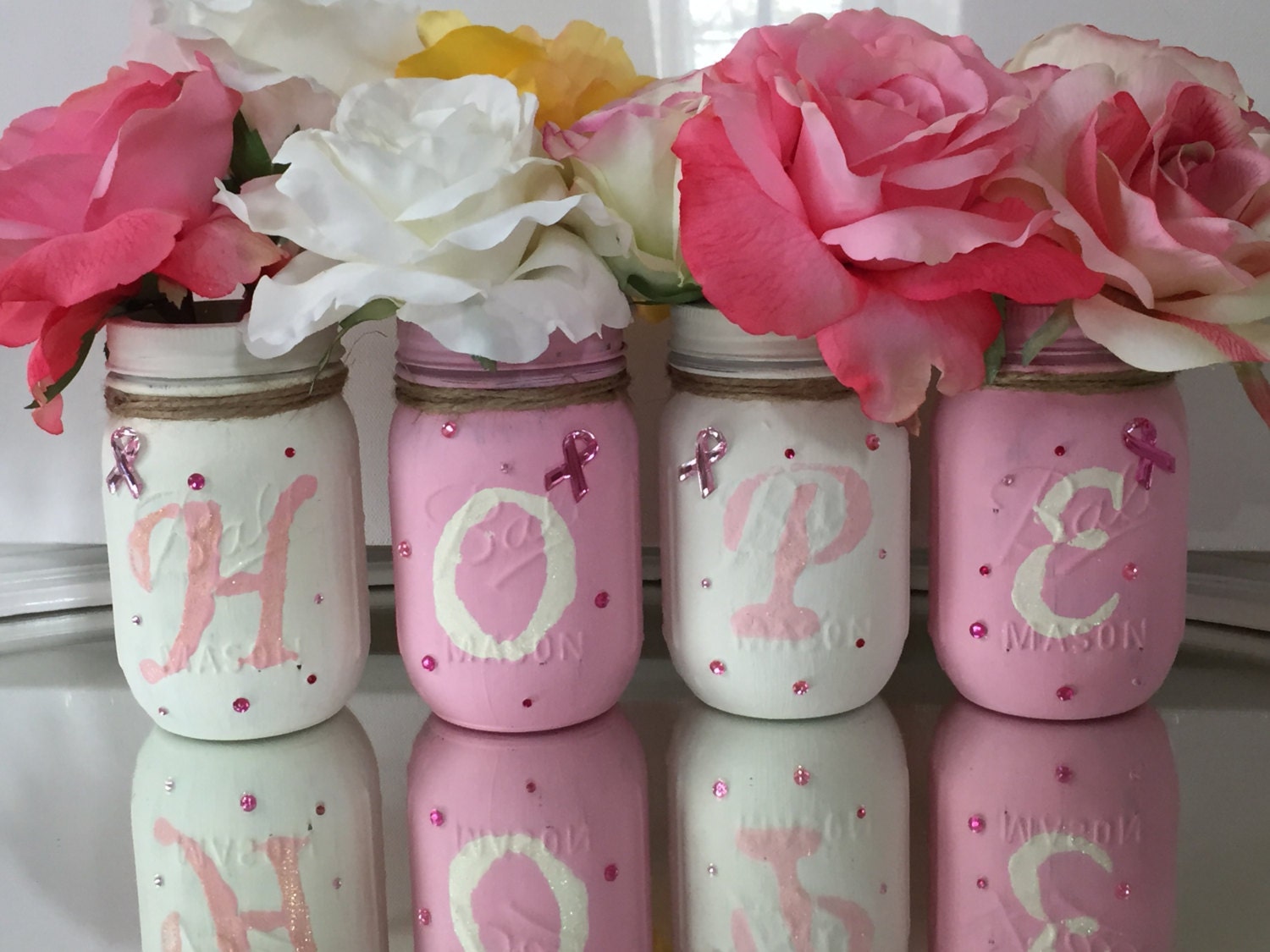 Decorated mason jars Breast Cancer Awareness gift breast