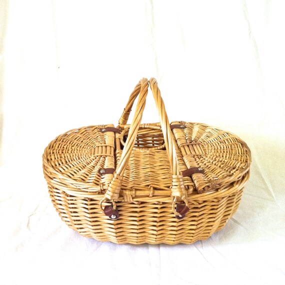 Vintage Wicker Picnic Basket Or Knitting Basket With Two Lids