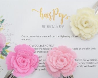 3 Set Felt Flower Clips | Baby Kids Hair Clips | Hot Pink, Pink & Ecru Hair Clips