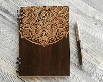 Mandala Notebook, Wooden Notebook, Wood Journal, Engraved Notebook, Custom Journal, Sketchbook, Laser Engraved Journal, Gifts for Her