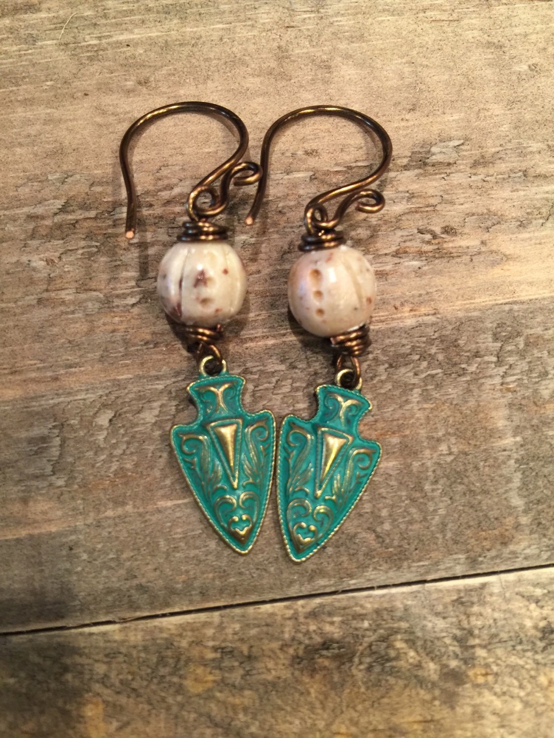 Soapstone green patina arrowhead earrings
