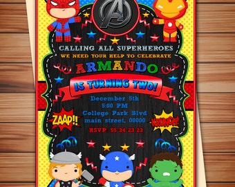 Supe Heroes party invitation, Cute Avengers party digital chalkboard invitation, Superheroes digital invitation, Thank you card free! N3