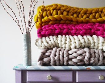 Chunky knit blanket customise colour, stitch and size - Chunky knit Throw, Giant knit, Merino Wool knitted throw, Extreme knit throw blanket