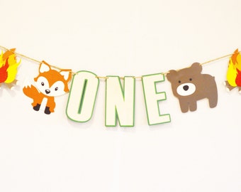 Woodland high chair banner // camping high chair banner // boys first birthday banner // fox and bear banner