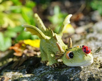 Miniature Dragon Figurine, Enchanted Story, Whimsical Miniature Garden, Fairy Garden Accessory, Dragon with Ladybug