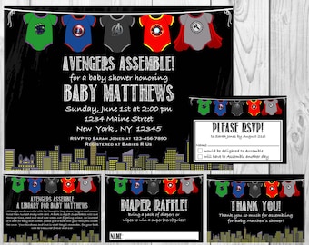 Avengers Superhero Baby Shower Invitation, RSVP Cards, Book Request, Diaper Raffle and Thank You Insert