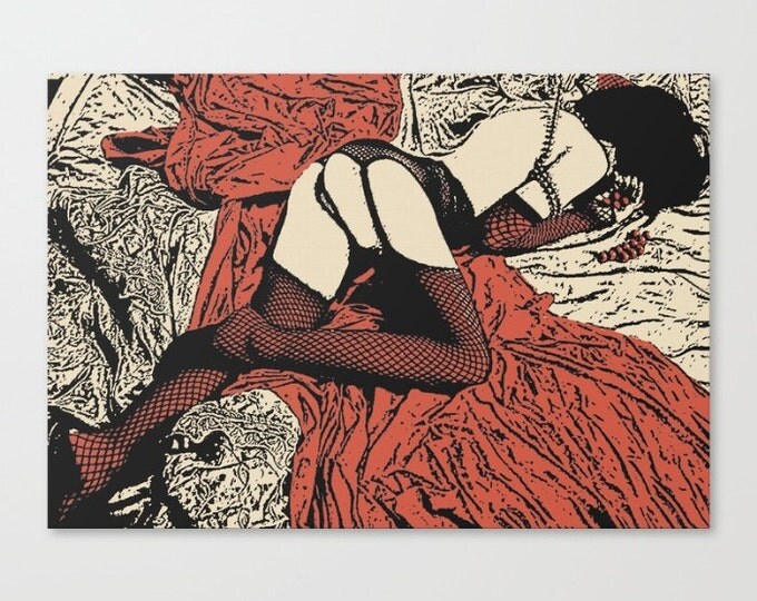Erotic Art Canvas Print - Submission in bedroom, unique sexy conte style print, Girl in erotic BDSM lingerie, sensual high quality artwork