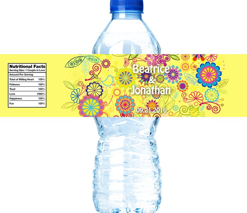 Water Bottle Labels Yellow Grubby flowers Custom Design