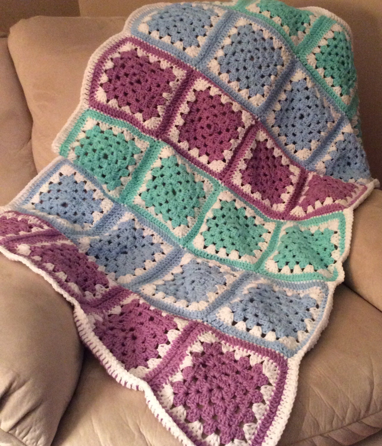 Granny Square Baby Afghan in Green Blue Purple and White