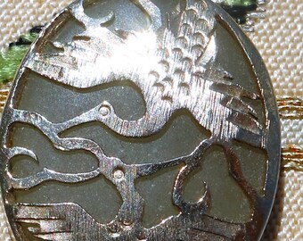 SALE: Vintage Light Green Jade Pendant/Crane Birds/Gold Tone Design