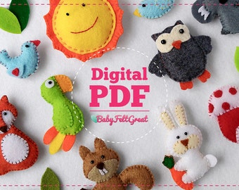 Digital PDF Pattern DIY Baby Felt ornaments, Forest decoration set, Birds, Sun, Koala Rabbit Parrot Owl Fox Squirrel House, Instant download