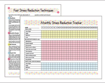 2 Page Stress Reduction Tracker Printable Journal Chart Guide with 10 Relaxation Techniques
