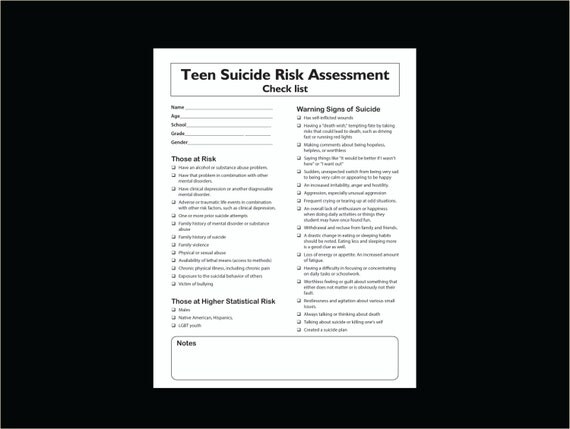 Teen Suicide Risk Assessment Printable Check List Worksheet