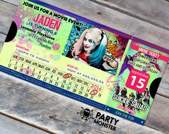 Suicide Squad Movie Ticket Invitation, Suicide Squad Birthday Party, Movie Ticket, Harley Quinn, Suicide Squad Invite, DIY, Justice League