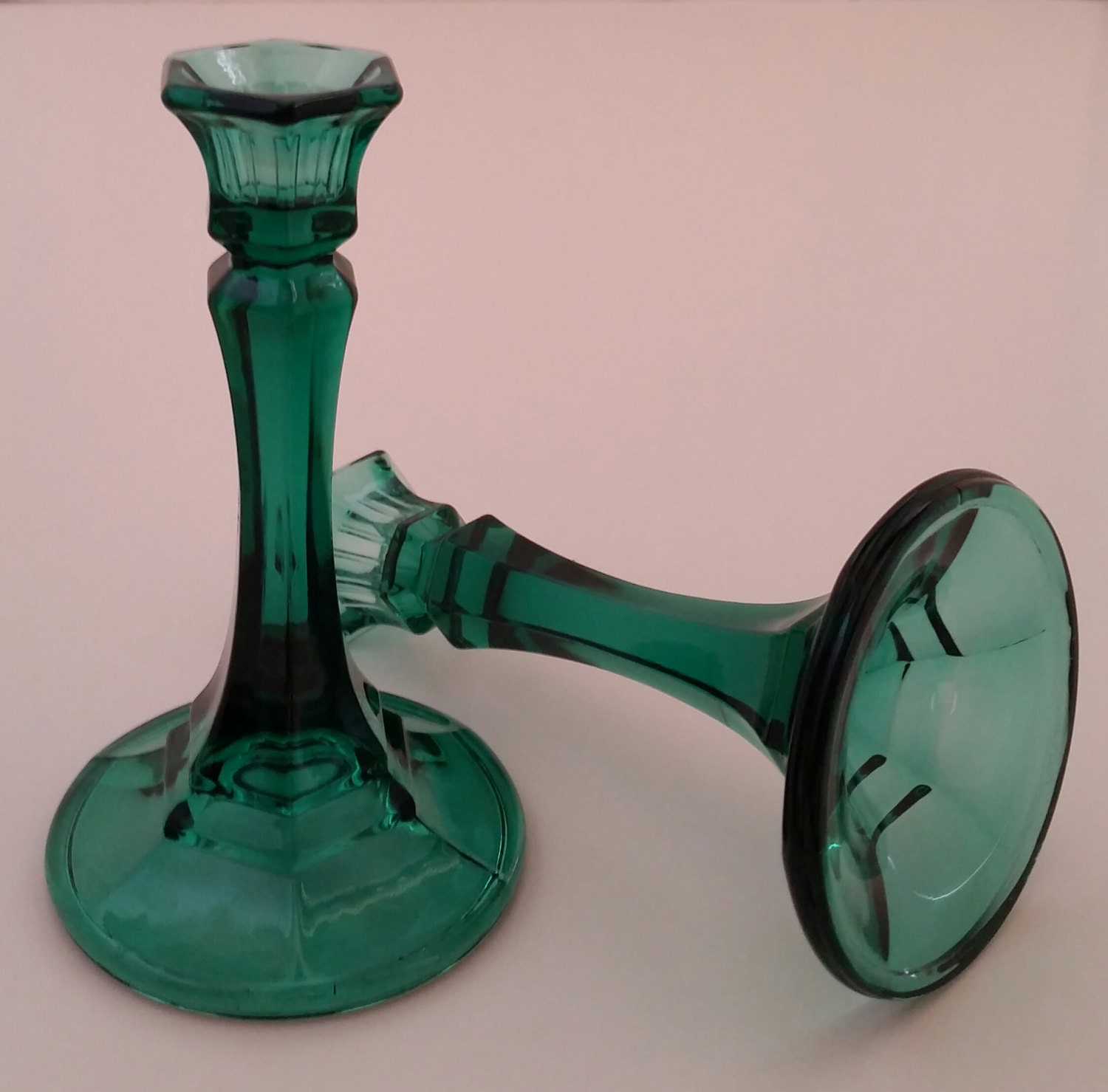 Emerald Green Glass Candlestick Holders/Green Candle