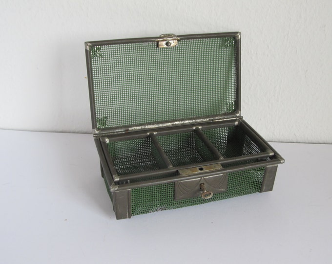 Green industrial mens trinket box, tool screw sorting storage case, open wire lockbox, mens jewelry box, watch box, vintage cash register