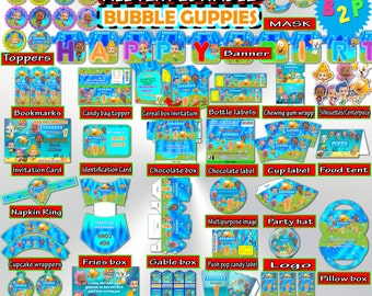 Bubble Guppies Birthday Party Kit, Editable Decorations Set Printable, Hat, Bottle Labels, Invitation, Toppers, Pack - Instant Download