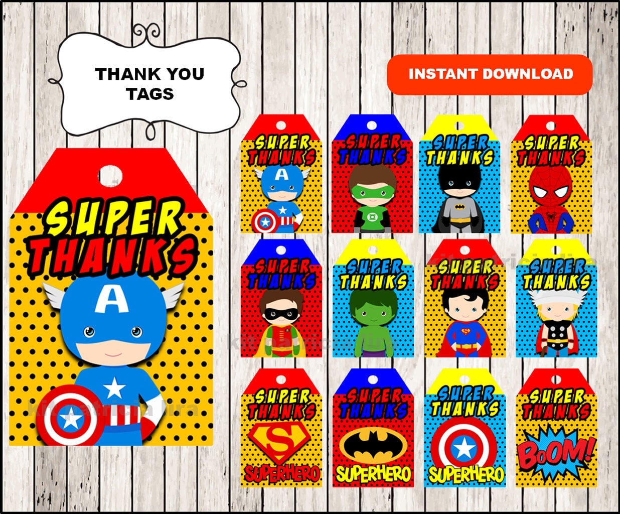 superhero thank you tags instant download superhero party