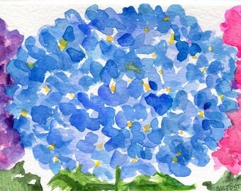 Hydrangeas watercolor painting original, pink hydrangeas, blue hydrangeas and purple hydrangeas, floral artwork SharonFosterArt floral
