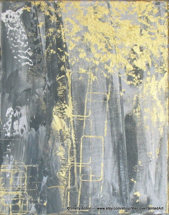 Original Abstract Painting Gray and Gold 8x10 Canvas Art