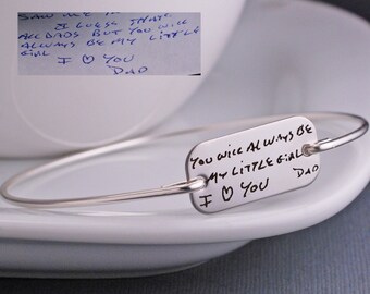 Silver Custom Handwriting Bracelet, Memorial Jewelry, Personalized Engraved Gift, Memorial Writing Bangle Bracelet