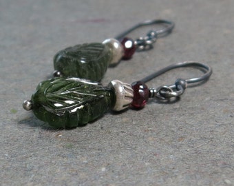 Tourmaline Earrings Carved Leaf Pink and Green Tourmaline Oxidized Sterling Silver Earrings Gift for Her