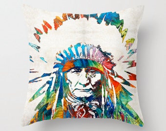 Native American Pillow COVER Art Indian Chief Warrior Pow Wow Tepee Colorful Decor Artsy Decorating Headdress Living Room Bedroom Bedding
