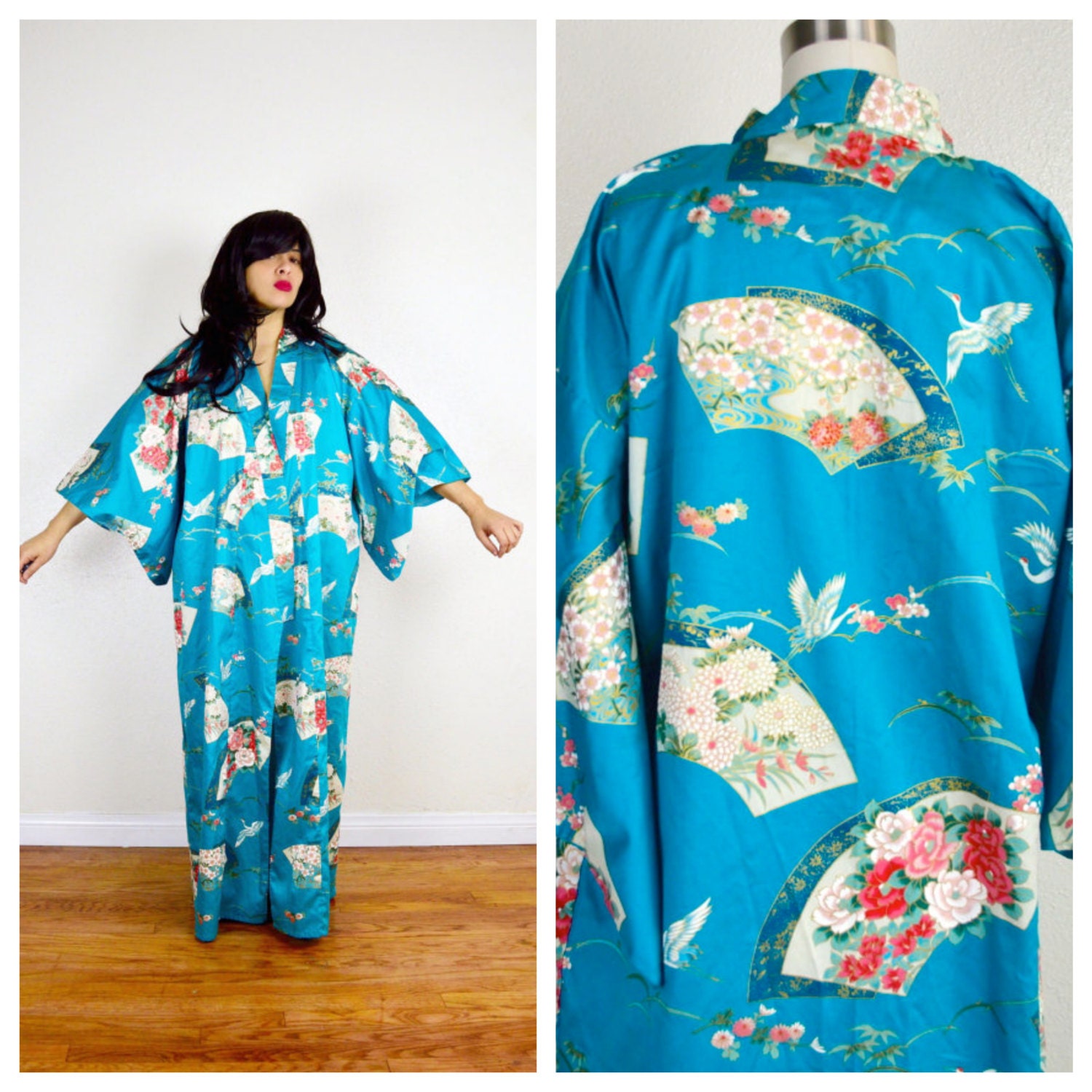blue japanese KIMONO crane print robe by CelebrationVintage