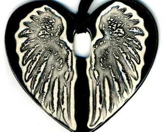 Cloaked Wing Heart Ceramic Necklace in Black