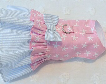 Dog Harness Dress Starfish and Blue Seersucker Stripe