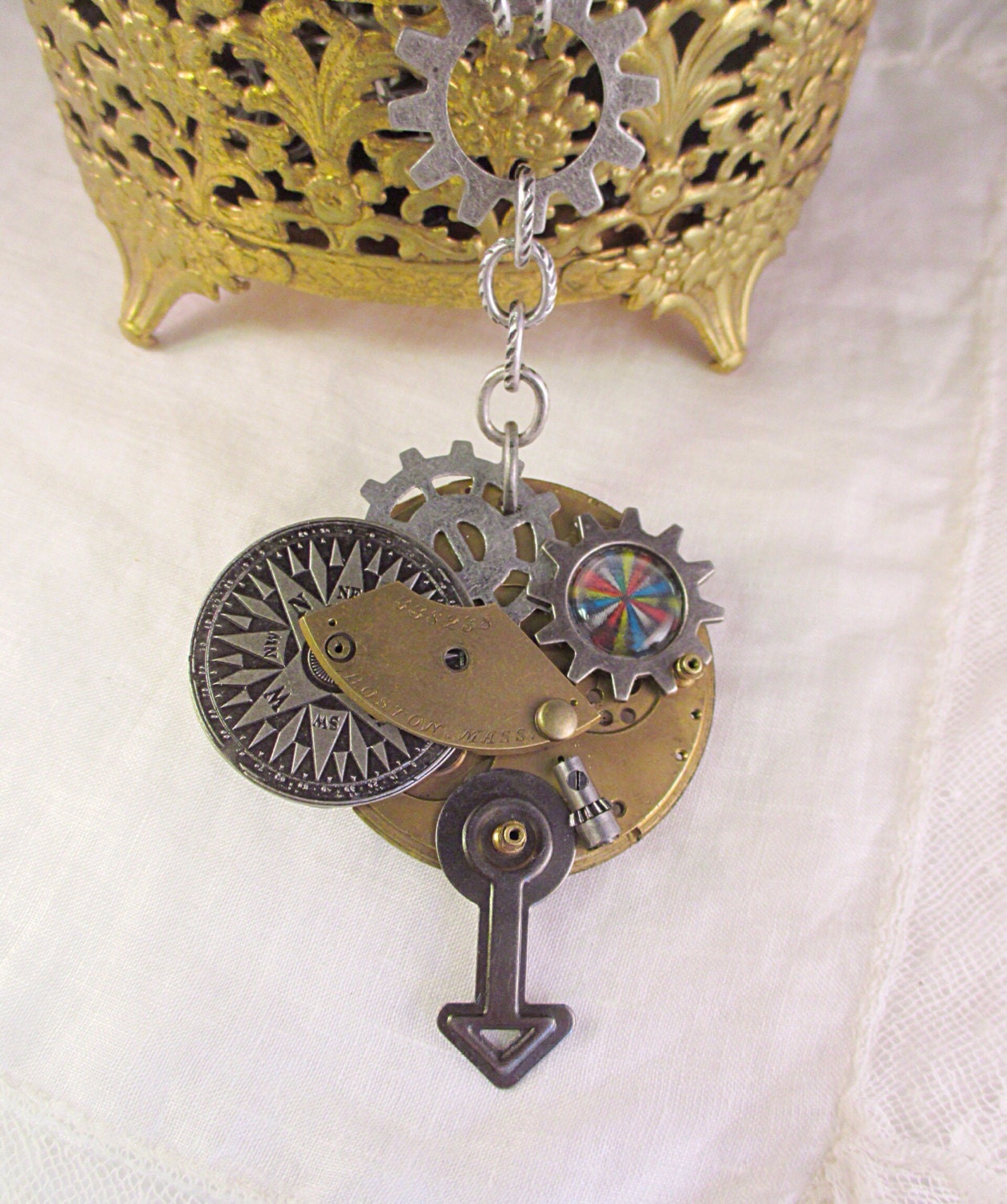 Steampunk Time Machine Compass Necklace Spinning Compass Time