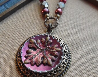 Oak, Antique Button Necklace, One of a Kind Design, Freshwater Pearls