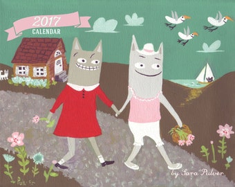 SALE 2017 Wall Calendar by Sara Pulver - Cats, Dogs, Parakeets, Bear - 11"x17" Spiral Bound Whimsical Animal Outsider Folk Art Organizer