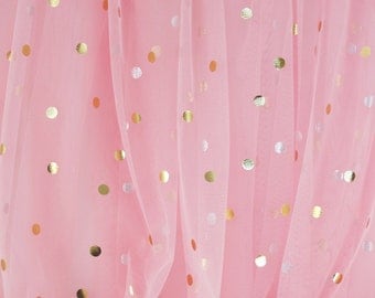Pink and Gold Mini Polka Dot Tulle - ultra-fine tulle fabric with soft feel and drape - 58" wide - sold by the half yard