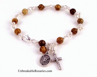 Rosary Bracelet St Michael In Wire Wrapped Brown Picture Jasper by Unbreakable Rosaries