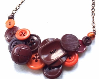 Orange and Brown Vintage Button Necklace - Recycled Upcycled Repurposed