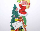 Vintage Unused Mechanical Christmas Greeting Card with Cute Little Girl Decorating Tree on Ladder
